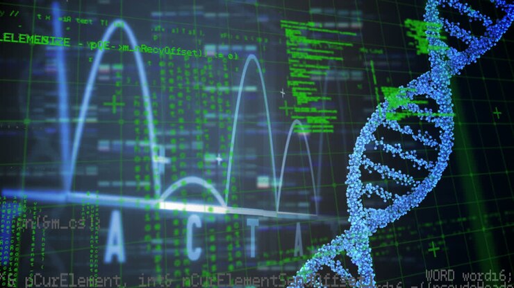 Animation of dna strand spinning and data processing