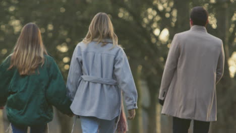 Vista-Trasera-De-Una-Familia-Con-Una-Hija-Adolescente-Cogida-De-La-Mano-Mientras-Caminan-Juntas-Por-El-Campo-Otoñal---Filmada-En-Cámara-Lenta