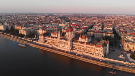 aerial view to hungarian parliament at sunset, budapest, hungary