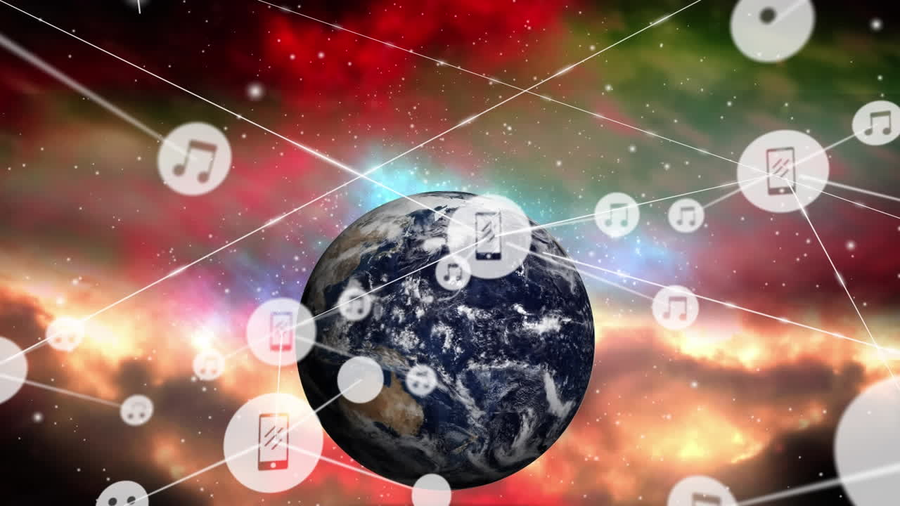 공간에 대한 다채로운 렌즈 플레어와 함께 회전하는 지구 위에 선을 가진 아이콘의 애니메이션