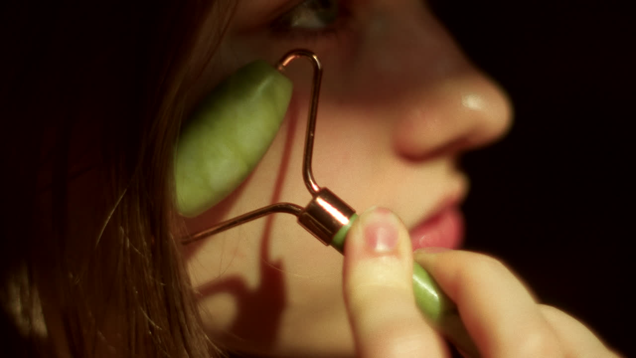 mujer usando un rodillo de jade para el masaje facial