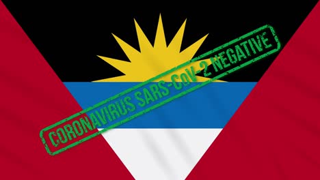 antigua and barbuda swaying flag with green stamp of freedom from coronavirus, loop