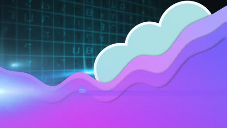Animation-of-data-processing-over-purple-wave-and-digital-cloud