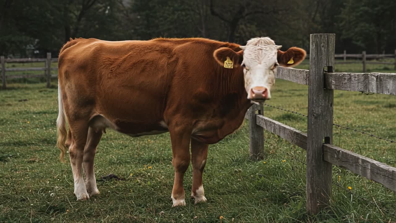A Brown Cow Grazing by a Wooden Fence in a Serene Pasture Setting, Showcasing the Peaceful and Tranquil Life of Farm Animals in Nature's Embrace