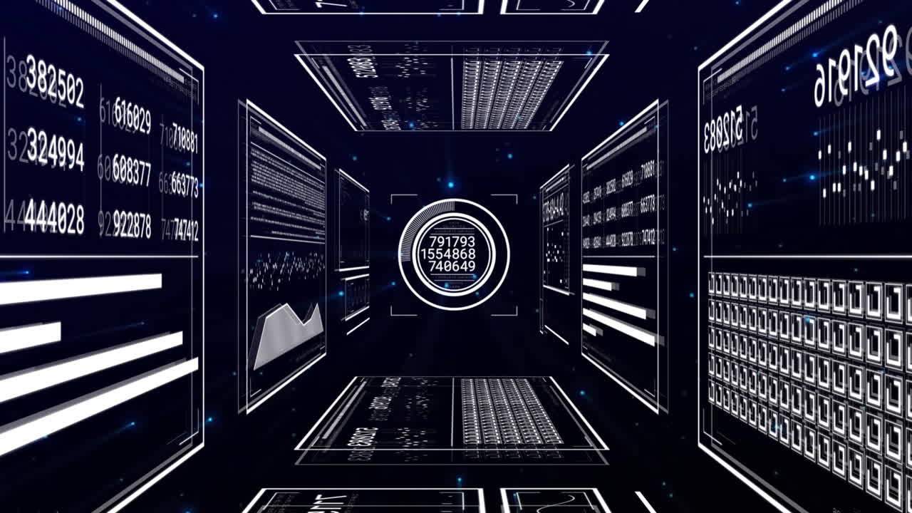 Animation of data processing over light trails on black background