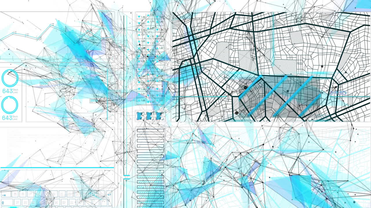Animation of network of connections over data processing on white background