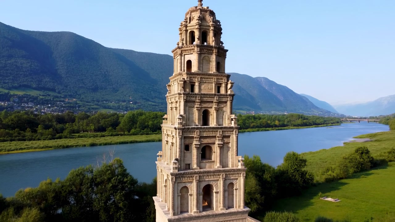 Kamera, oyma taş kuleden yavaşça geri çekilerek sakin mavi nehrin yanındaki kemerli açıklıkları, parlak yeşil tarlaları, sık ağaçları, dağ yamaçlarını, uzaktaki binaları ve köprüyü ortaya çıkarıyor.