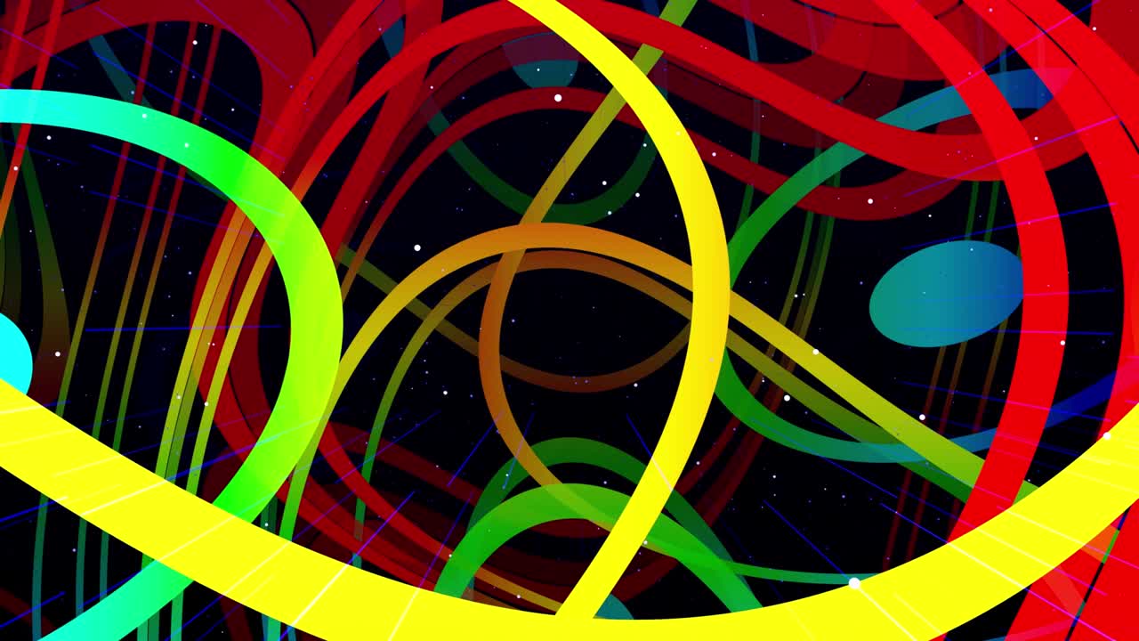 Motion graphic, camera fly in art space, multilayer structure with pattern, glow particles and lines. Ornamental texture rainbow gradient color. Motion design vj loop. Abstract colorful bg. Modern Art