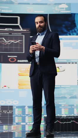 vertical video business entrepreneur sending a text message with analytics reports