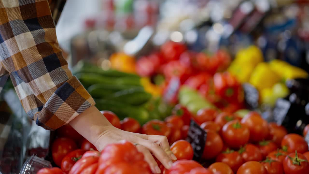 Close-up shot of a girl in a plaid shirt choosing tomatoes and inspecting ripe fruits on the vegetable counter in a supermarket