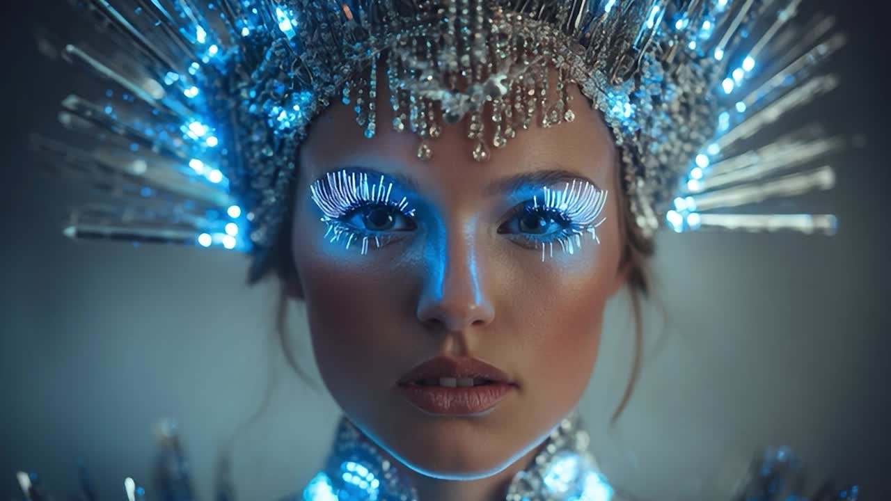 Donna in studio con trucco luminoso ed elaborata acconciatura
