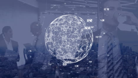 animation of globe of connections over diverse business people in office