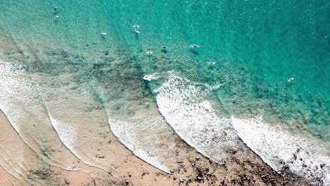 surfers on turquoise beach of noosa in qld, australia - aerial top down