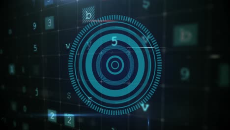 cyber security data processing over blue round scanner on black background