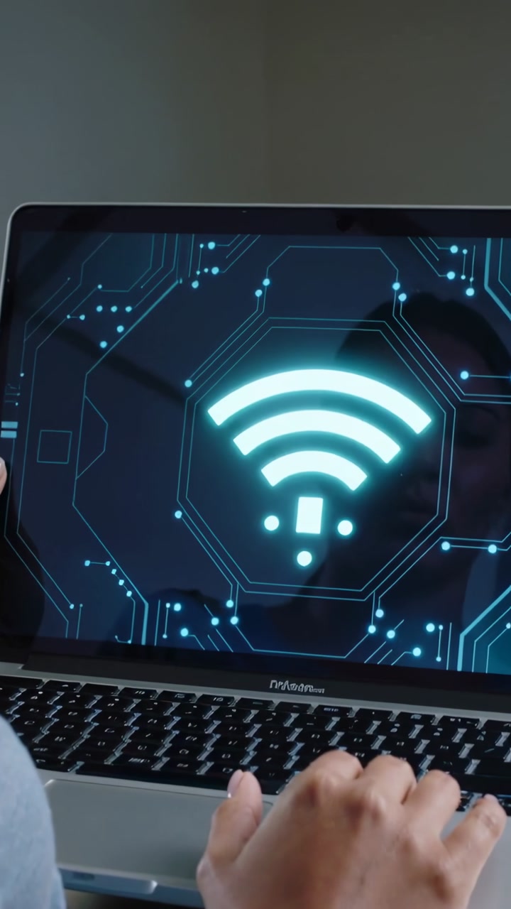 Vertical video: Lifting laptop man in gray shirt showing Wi-Fi icon and testing network at table