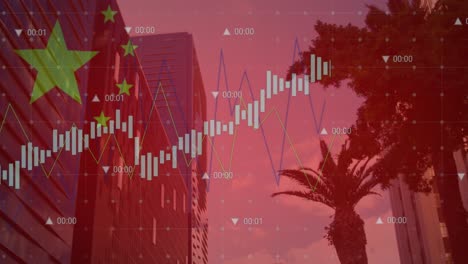 animation of flag of china and data processing over cityscape