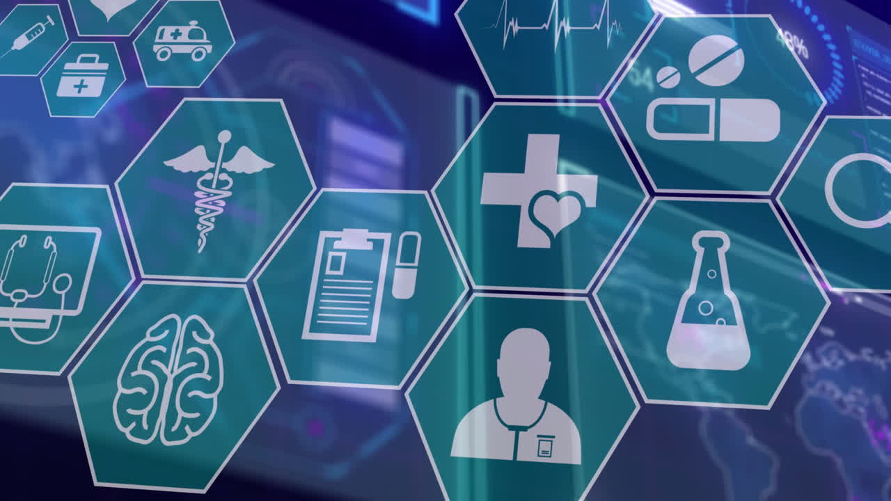 검은색 배경에 데이터 처리를 통해 의료 아이콘의 애니메이션