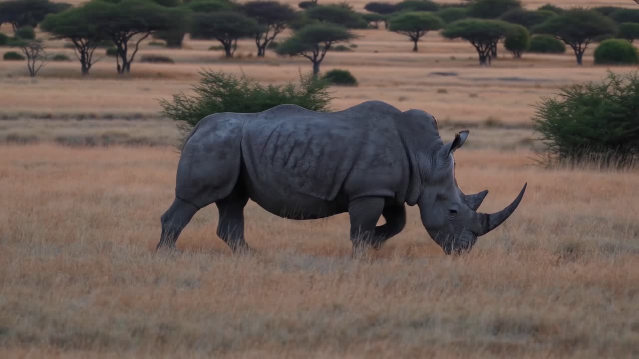 A side-angle video shot of a rhino grazing in a savannah landscape, with acacia trees