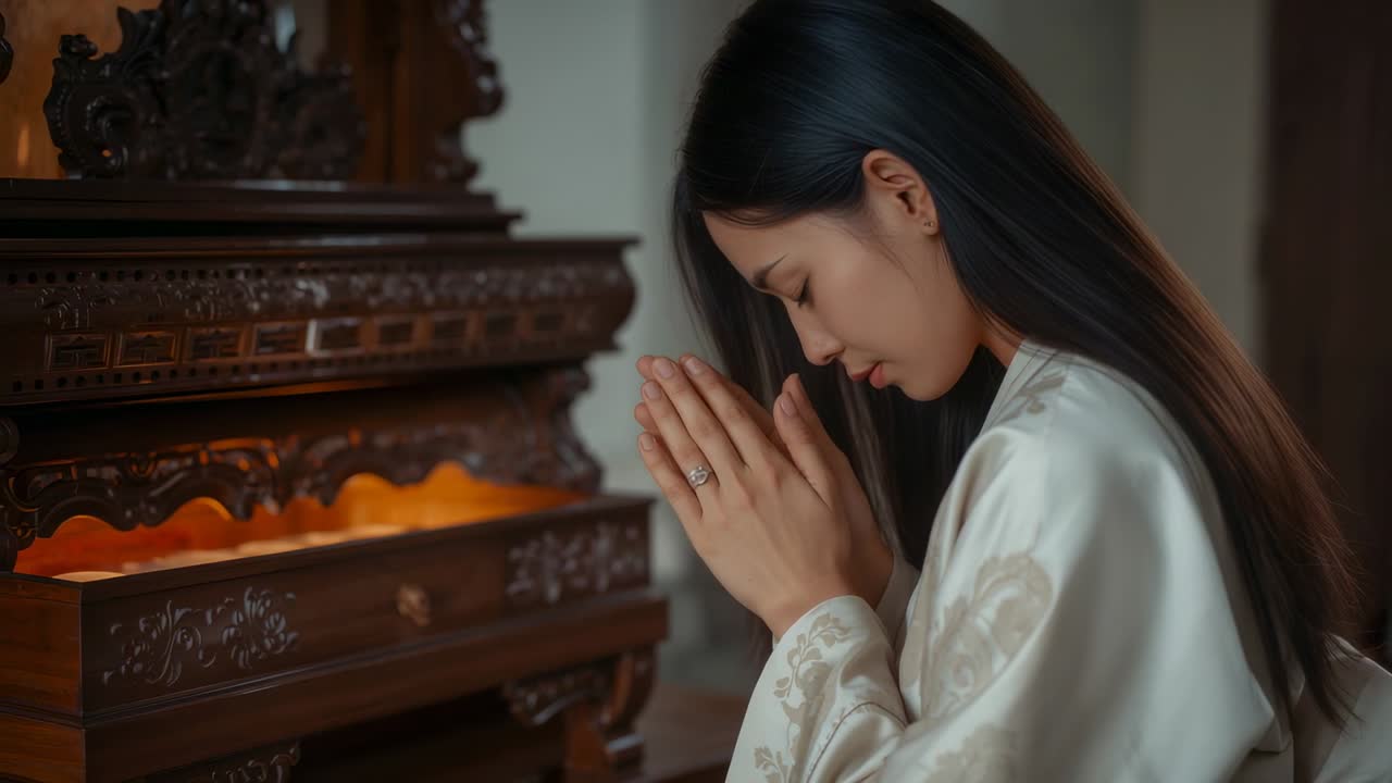 彫刻が施された祭壇に呼応して、シルクのローブを着たアジア人女性が神社で身をかがめ、手のひらを合わせている。コピースペース。