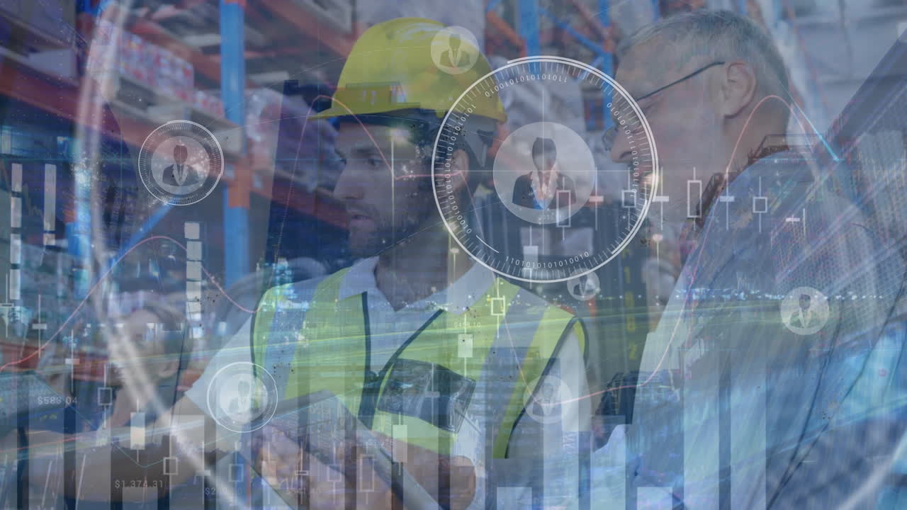 animación de gráficos, iconos de perfil sobre el supervisor caucásico discutiendo con su colega en el almacén