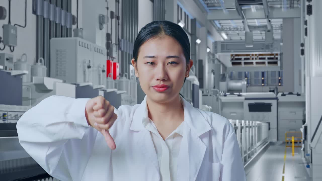 製薬工場に立つアジア人女性医師が、親指を下げるジェスチャーを見せているクローズアップ