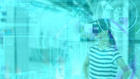 animación del procesamiento de datos sobre una mujer que usa auriculares vr