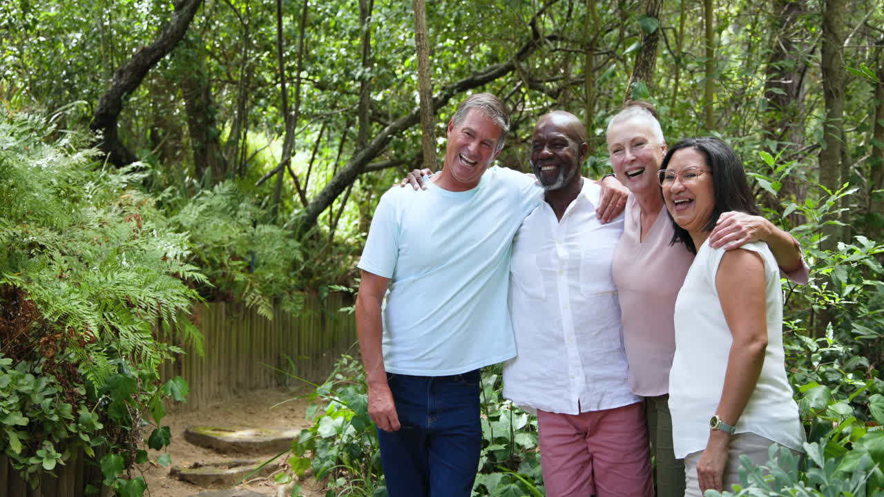 Senior diverse friends enjoying nature, smiling and pointing while standing in lush forest