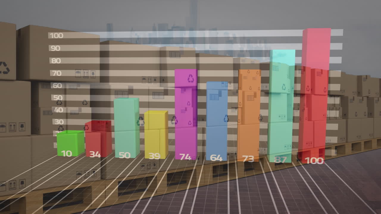 procesamiento de datos estadísticos sobre la pila de cajas de entrega contra el paisaje urbano