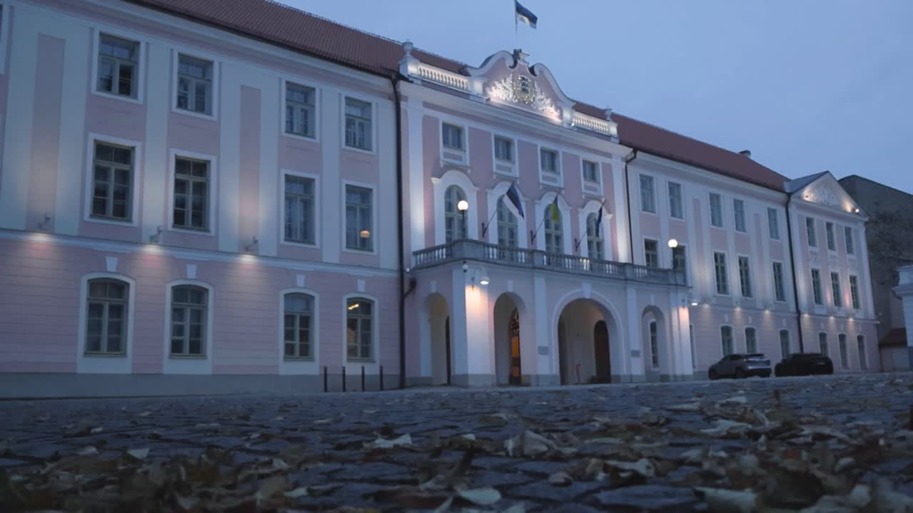 Toompea Castle, home of the Estonian Parliament, illuminated at dusk in Tallinn