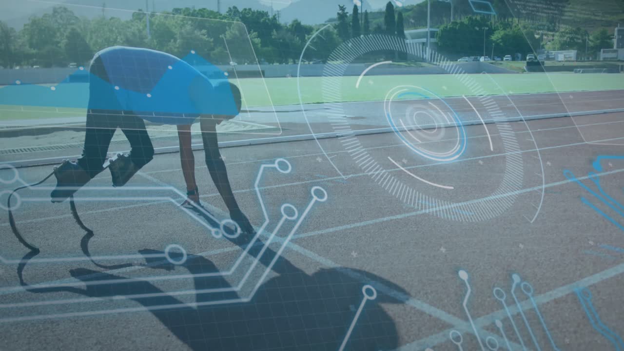 레이스 트랙에서 달리기 블레이드를 가진 장애인 남성 운동 선수에 대한 디지털 데이터 처리 애니메이션