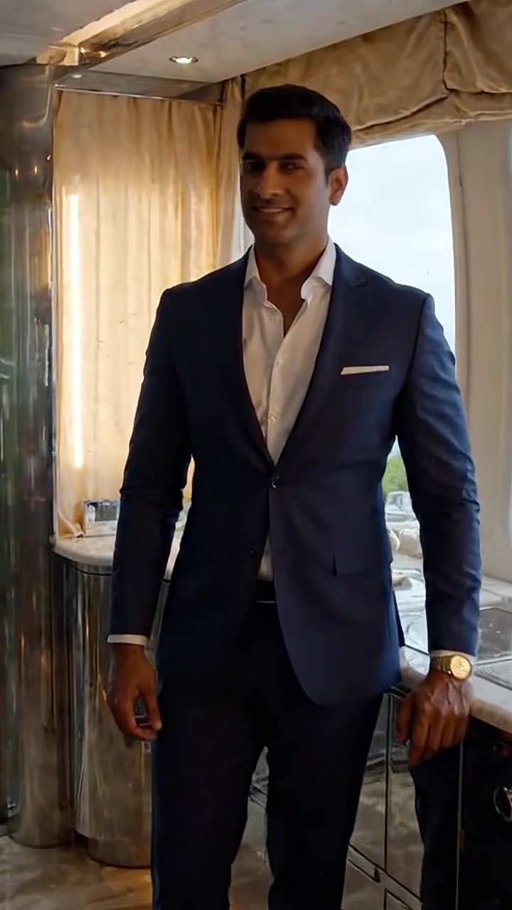 Uomo sofisticato in abito elegante posa elegantemente accanto a una finestra moderna con vista panoramica sull'oceano e interni di lusso, emanando sicurezza e fascino.