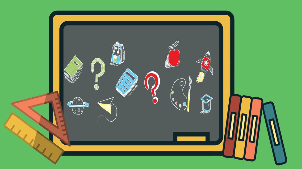 Animation of school items icons moving on green background