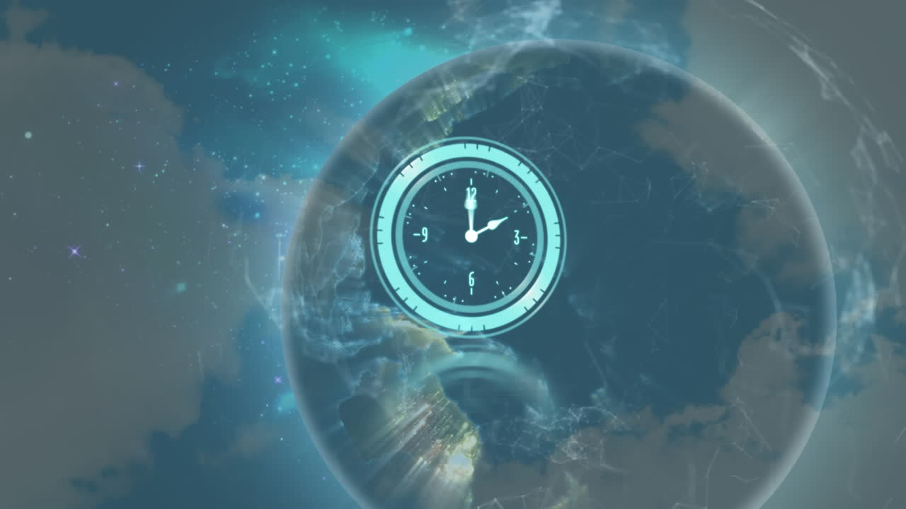 Animation von bewegter Uhr, Verbindungsnetzwerk und Globus über dem Himmel
