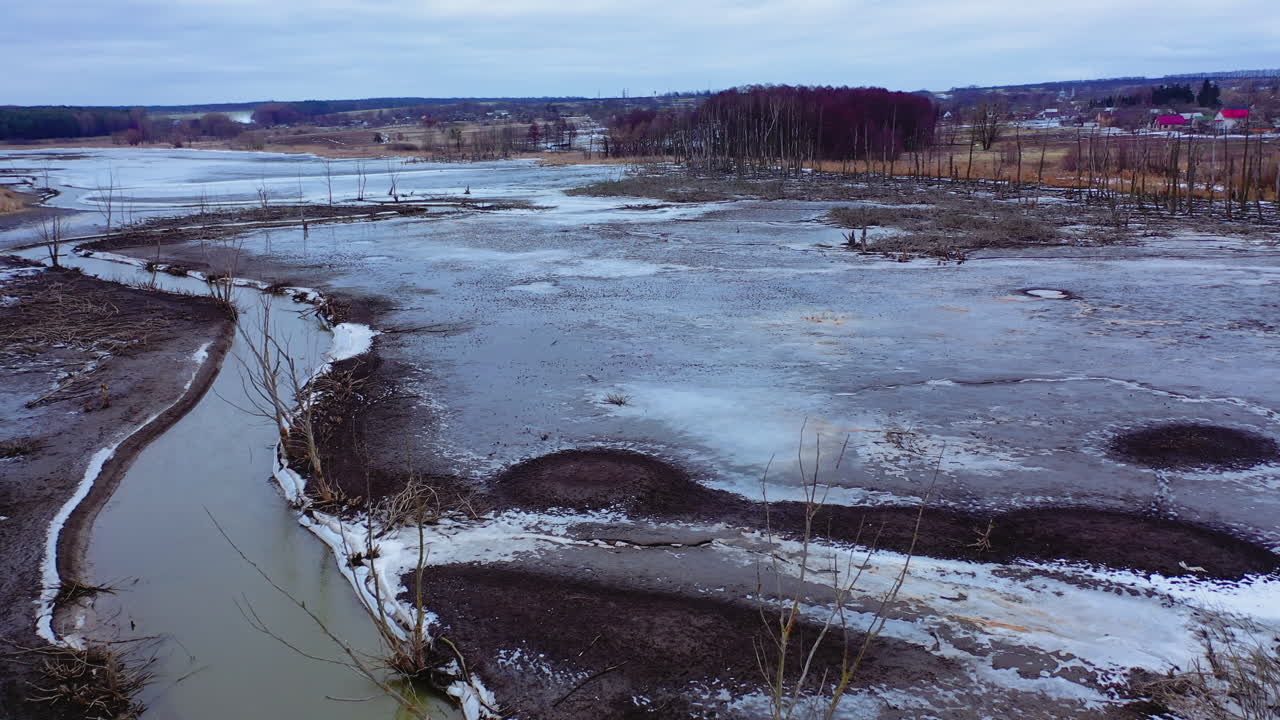 Ecology in danger. Dirty lake with polluted water in the countryside. Ecological disaster. Environmental problems. Aerial view.