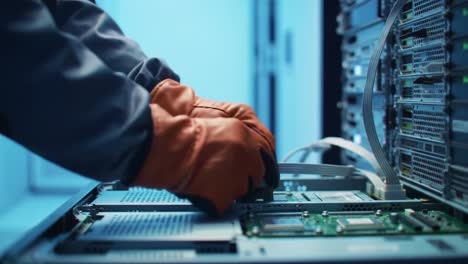 technician engaging in server maintenance, connecting cables and handling components inside a data center environment with focus on precision and safety