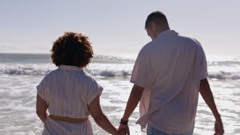 sea, love and holding hands with couple at beach