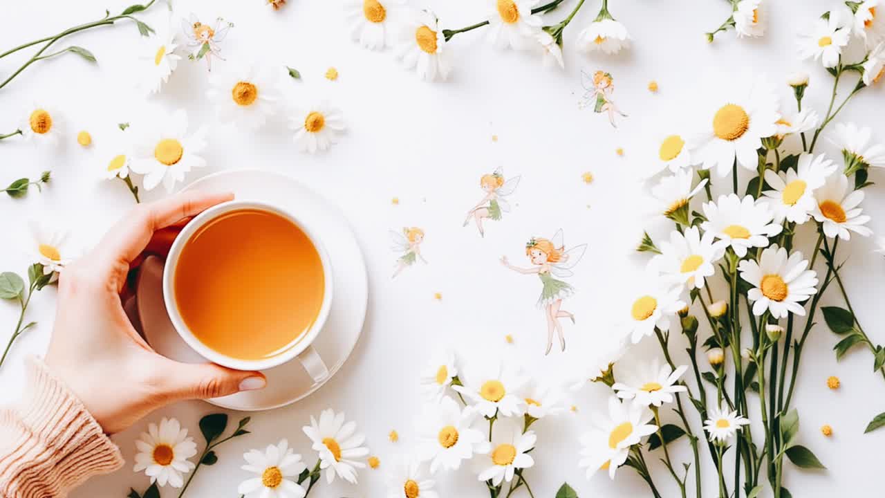 A cup of tea surrounded by daisies and fairies
