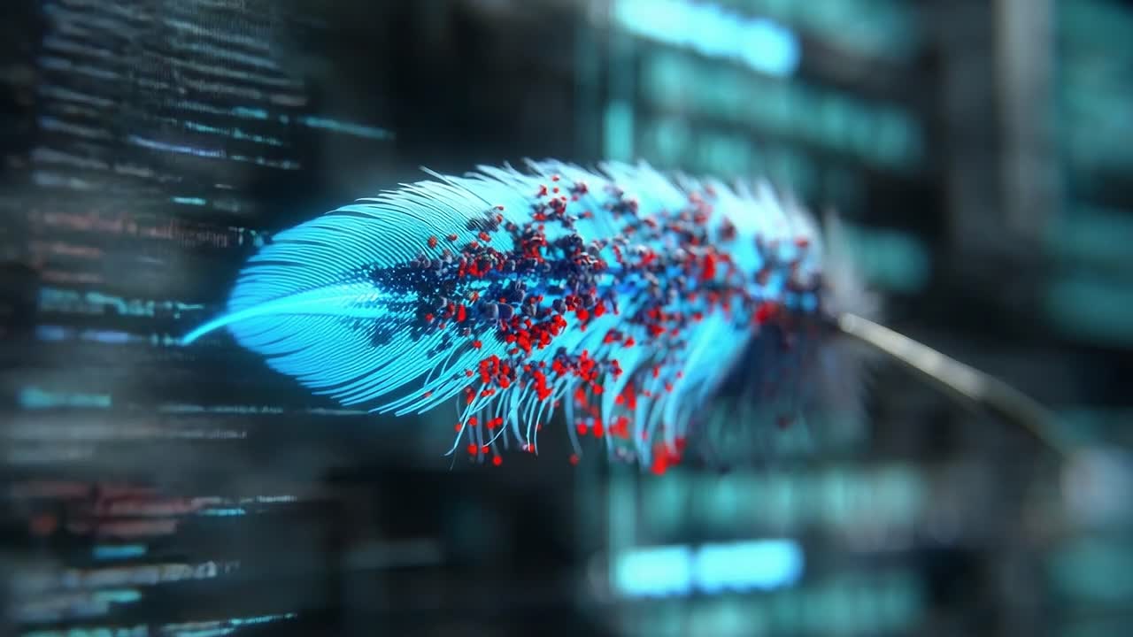 A mesmerizing digital visualization featuring a vibrant feather with intricate patterns against a backdrop of glowing data streams and code, blending nature with technology in a stunning fusion