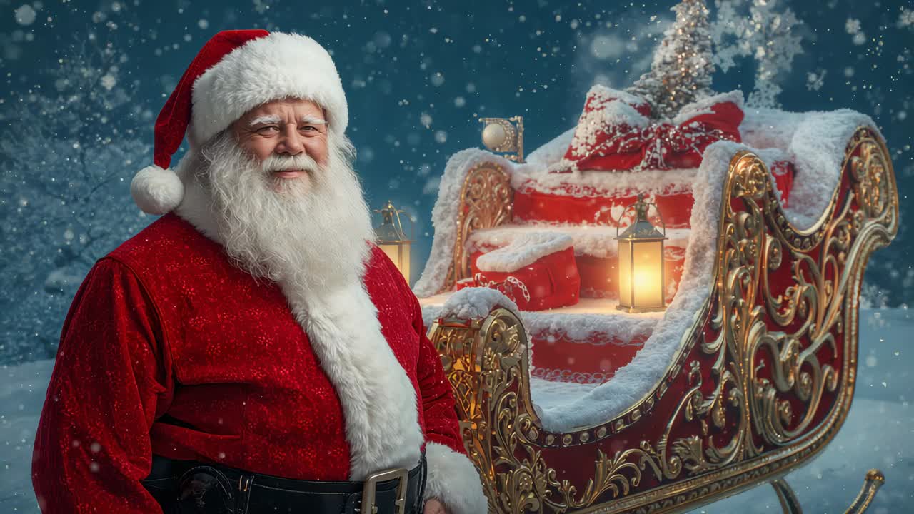 Standing Santa wearing red coat gazing at camera amid snowfall in forest beside sleigh, copy space