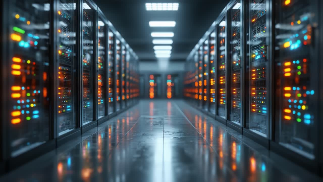 A Glimpse Into the Heart of Data Storage: A Stunning View of Modern Server Racks with Illuminated LEDs, Signifying the Backbone of Digital Infrastructure
