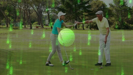 golf partners high-fiving on putting green, displaying floating crypto symbols and coin graphic