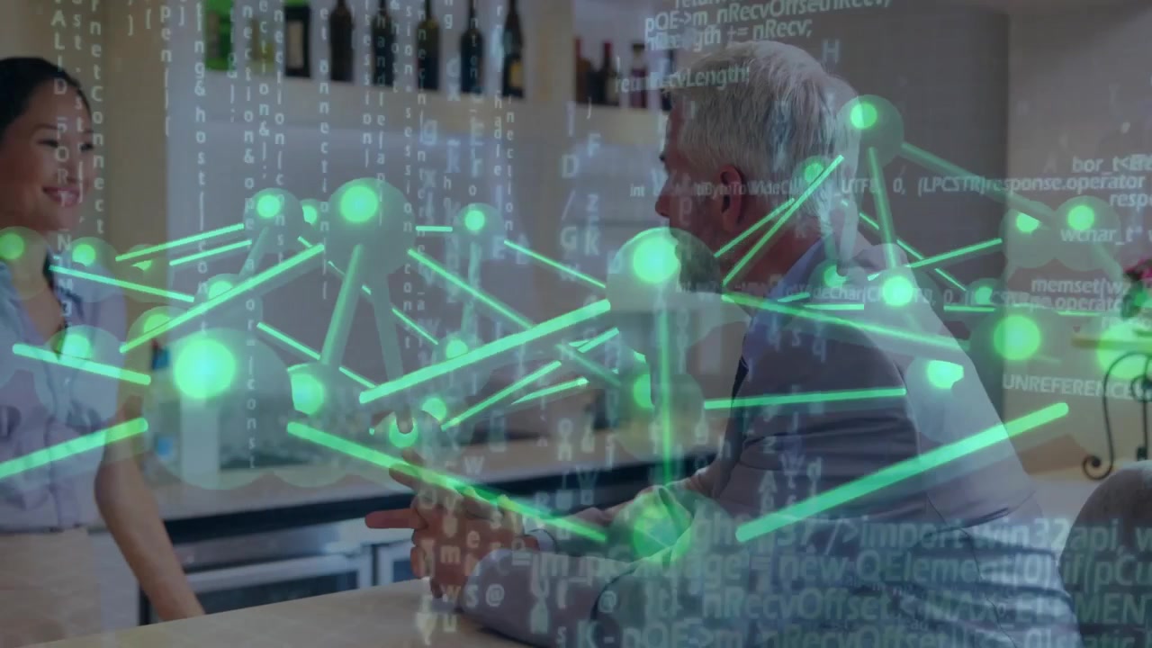 Business consultant tapping floating network and colleague leaning on table discussing data streams