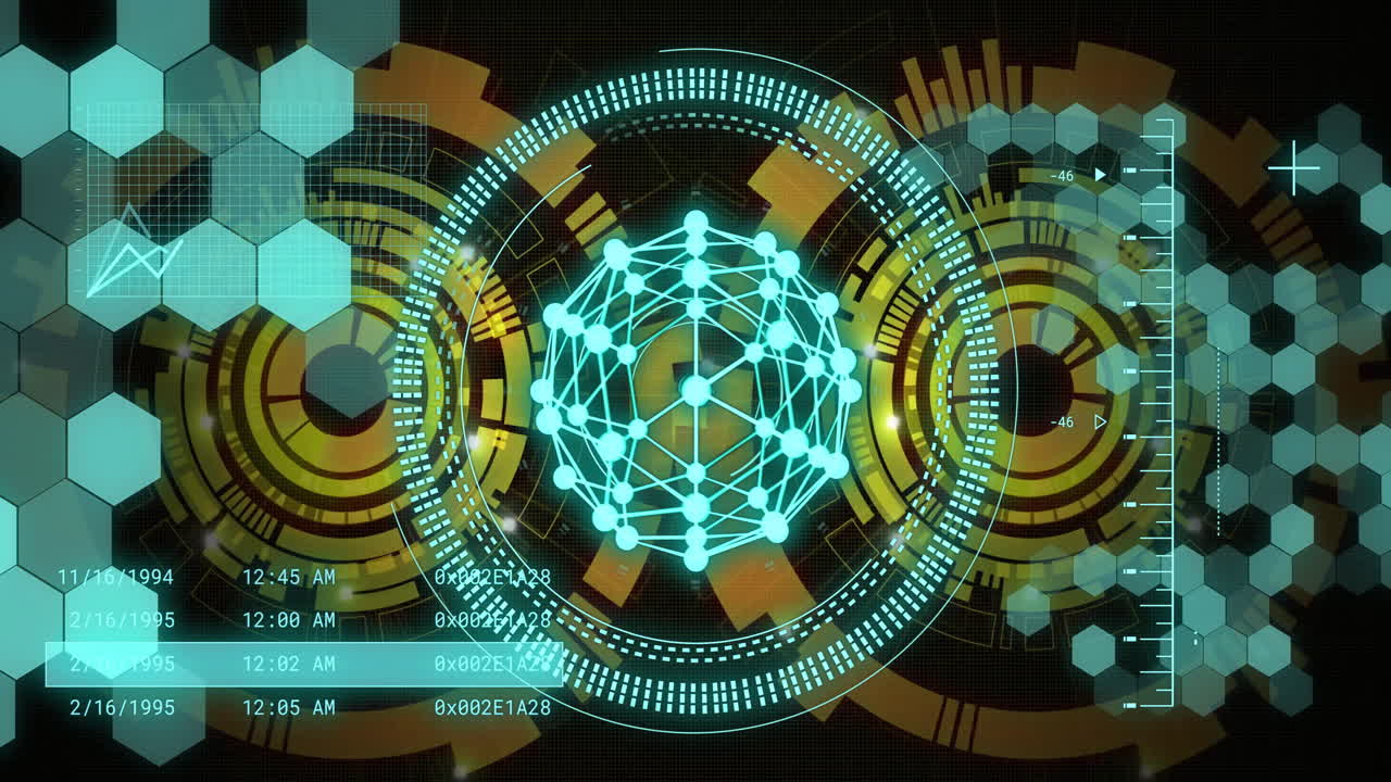 Digital network and data processing animation over abstract geometric background