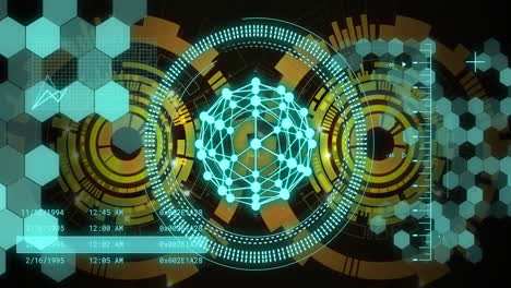 digital network and data processing animation over abstract geometric background