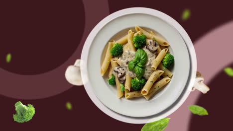 pasta with basil, broccoli, mushroom cream sauce on top