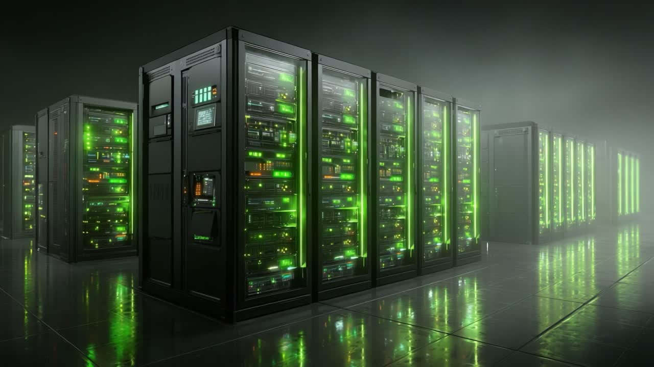 Et højteknologisk datacenter, der fremviser rækker af servere udstyret med lysegrønne LED-lys og et slankt, futuristisk design i et stemningsfuldt miljø