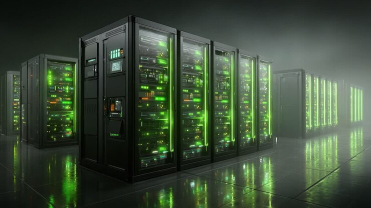 A High-Tech Data Center Showcasing Rows of Servers Equipped with Bright Green LED Lights and a Sleek, Futuristic Design in an Atmospheric Environment