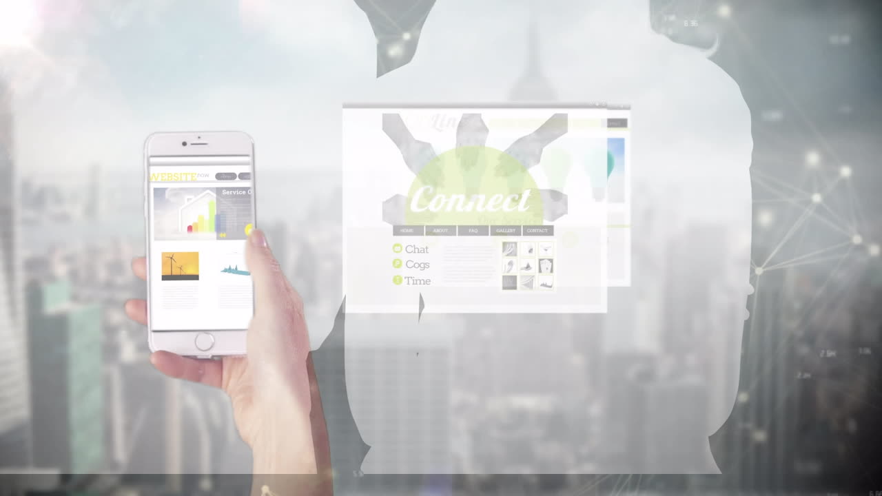 Animation of cropped hand scrolling through application and floating shapes over abstract background