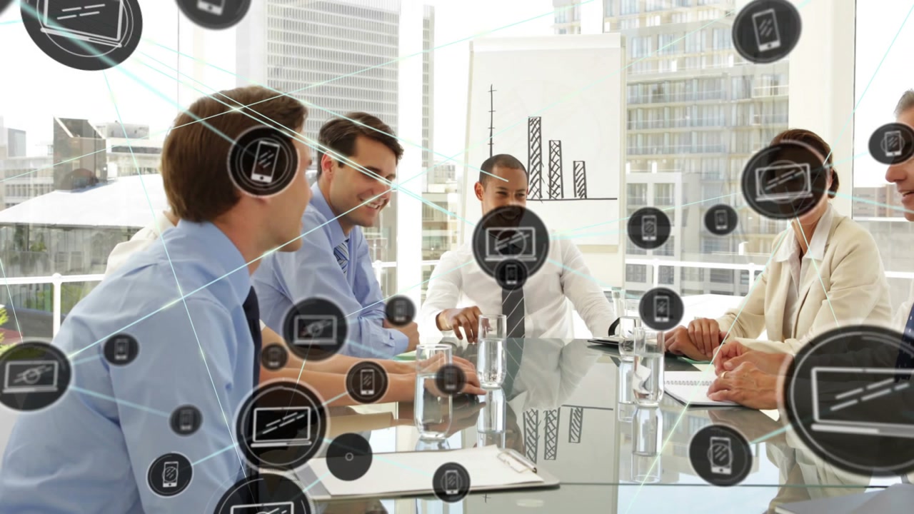 Business team at table senior man initiating handshake animated icons forming network closing deal