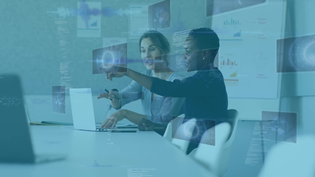 Animation of data processing over diverse business people in office